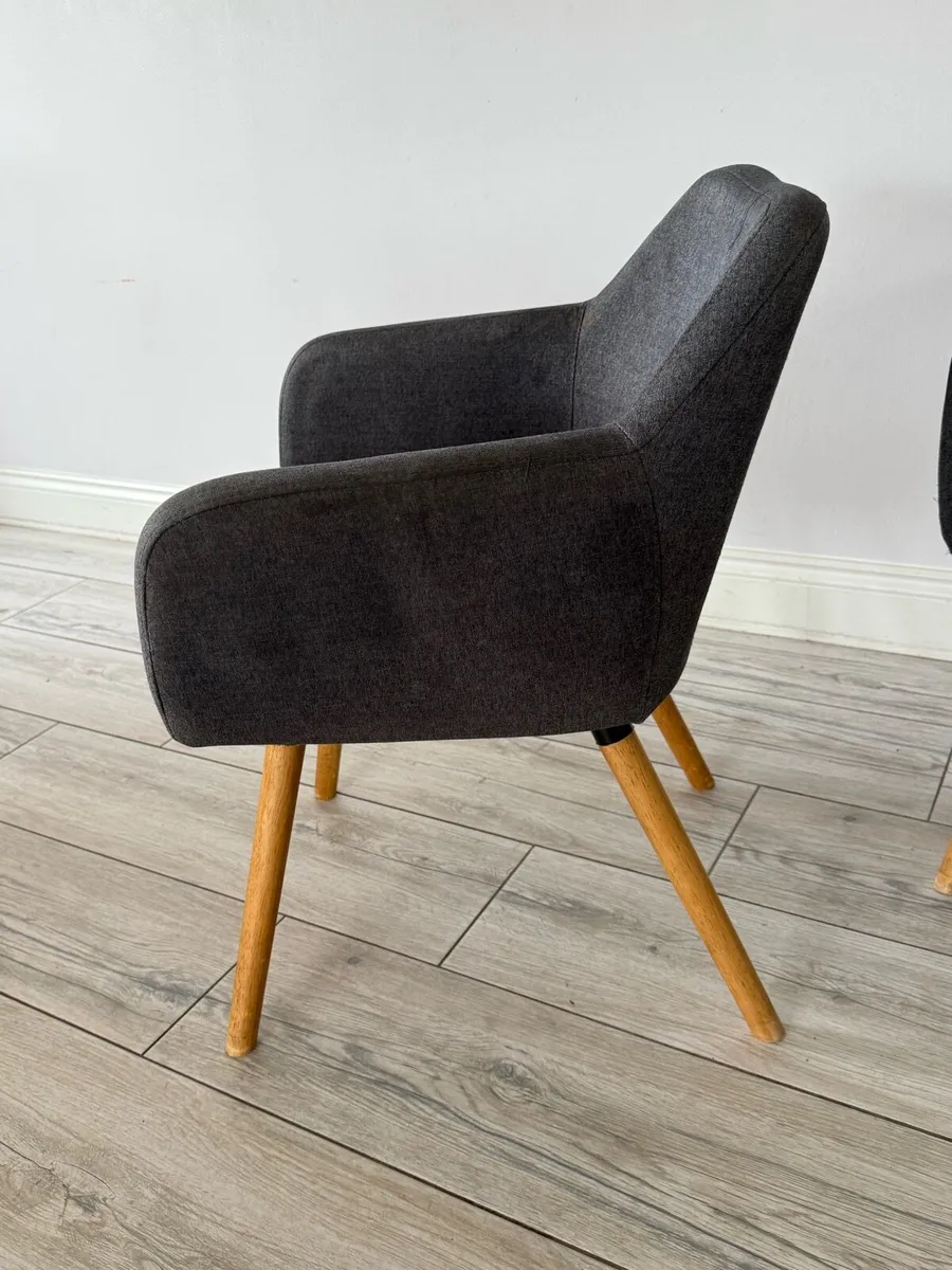 5 Dining Chairs. Grey fabric. Wooden legs. - Image 2