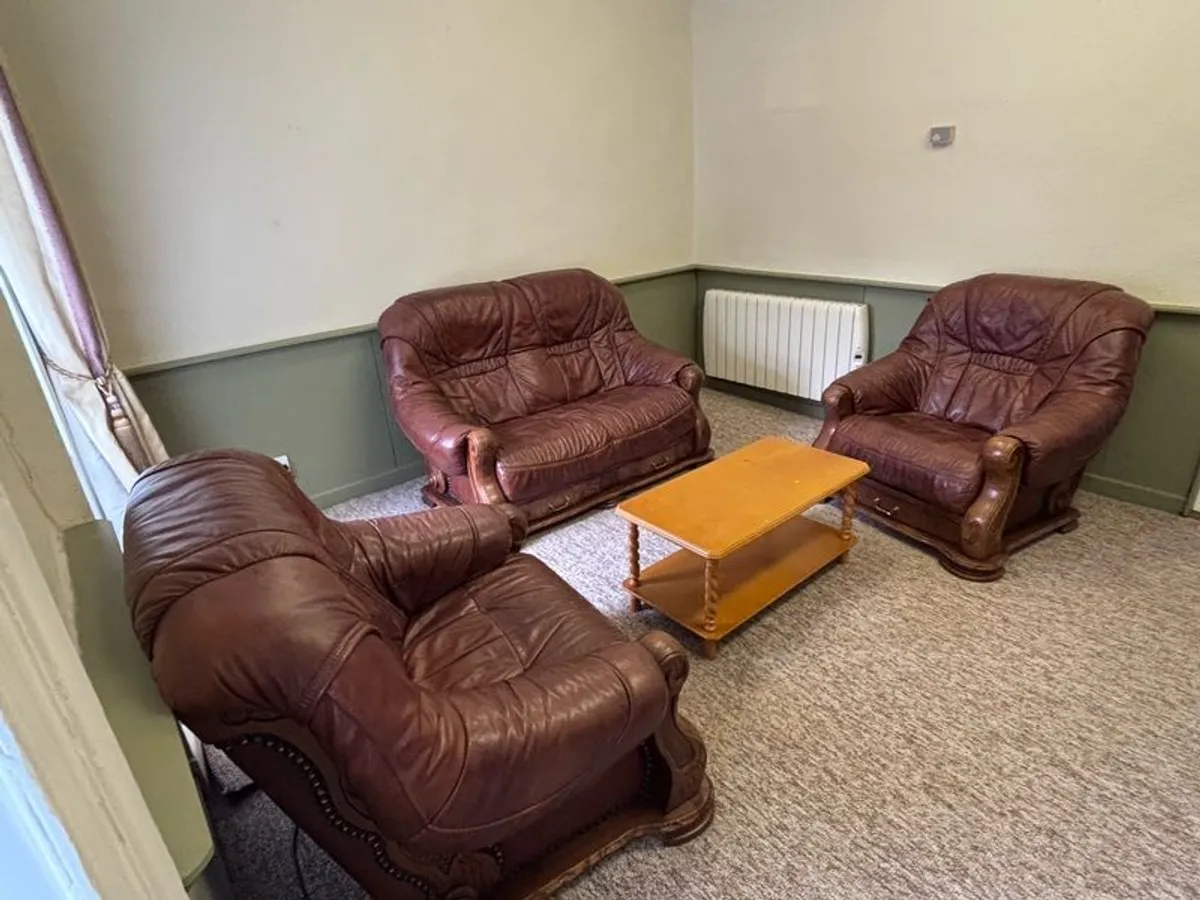 Leather and pine framed three piece suite. In excellent condition. Has been used as office furniture for meetings. Available for collection only - Image 1
