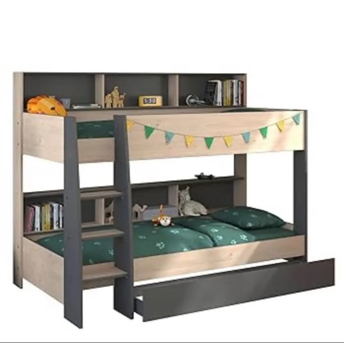 Modern Two-Tone Bunk Bed Frame with 2 Mattresses - Image 1