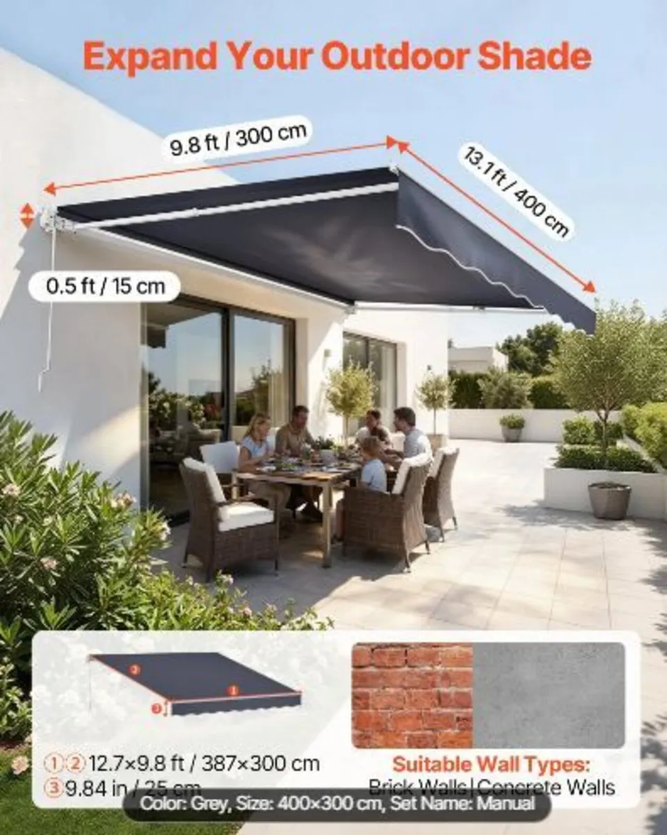 Manual Retractable Awning, 400 x 300 cm - Image 2