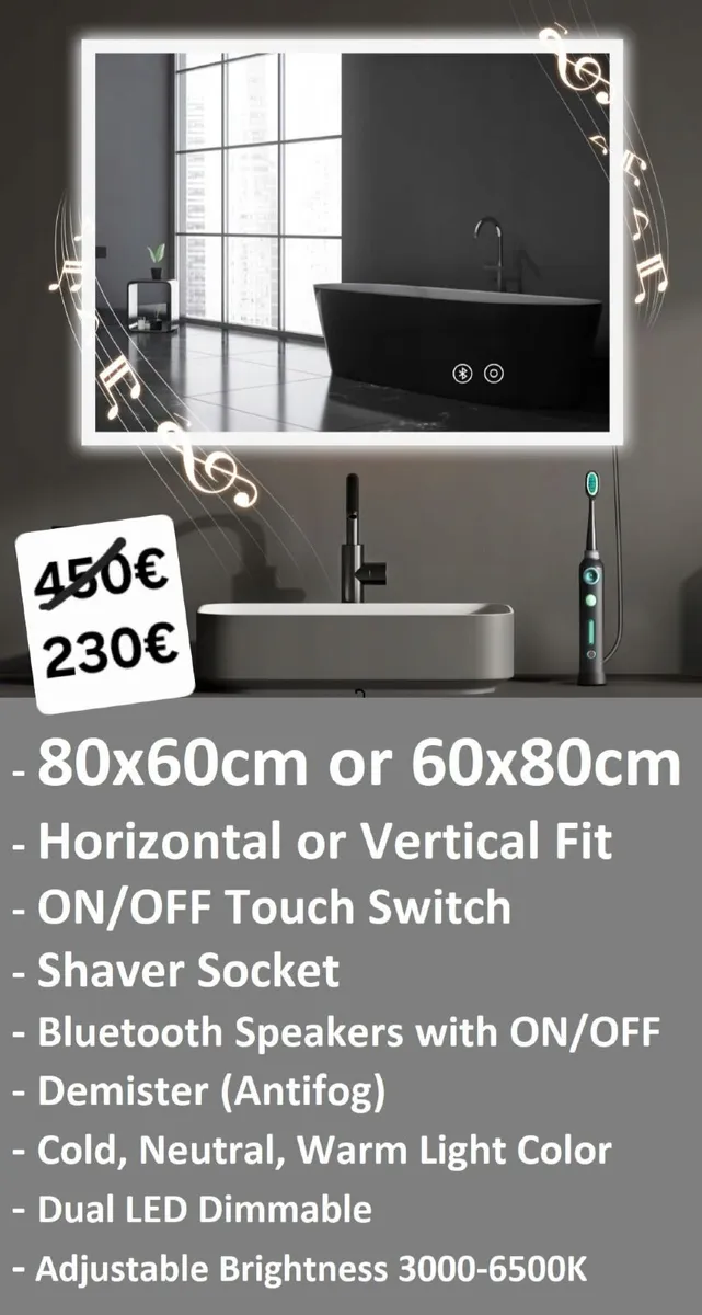 LED Mirror Makeup Shaver Socket Speakers Antifog - Image 1