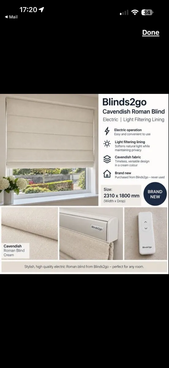 New electric Roman blind 1230 wide x 1800mm