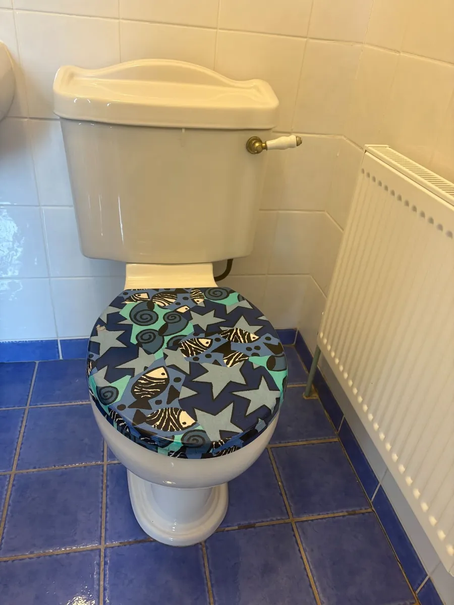 Traditional White Toilet with Decorative Seat - Image 1