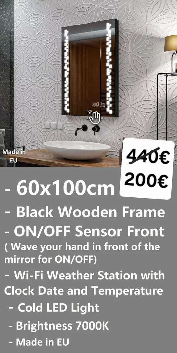 LED Bathroom Mirror 60x100cm Black Frame Made inEU - Image 2
