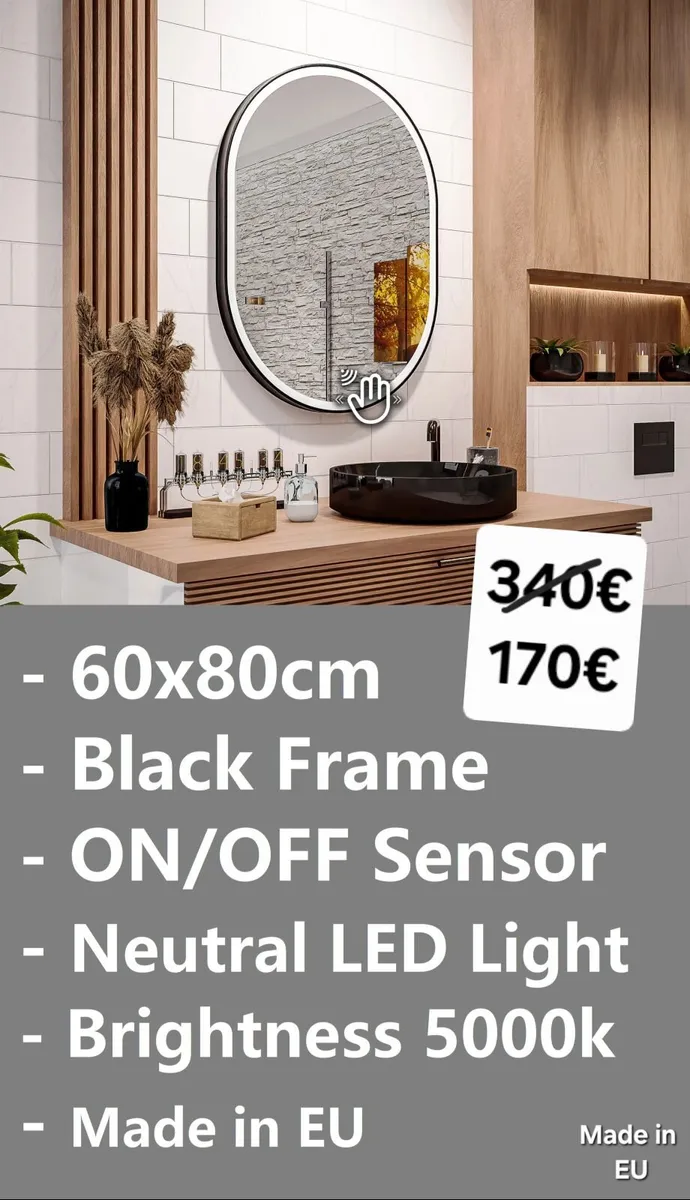 LED Bathroom Mirror Black Frame 60x80cm Made in EU - Image 2