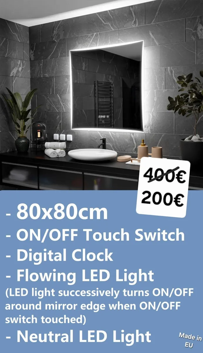 LED Bathroom Mirror Clock Time 80x80cm - Image 2