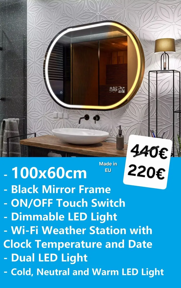 LED Bathroom Mirror Wi-Fi Weather Station Black - Image 2