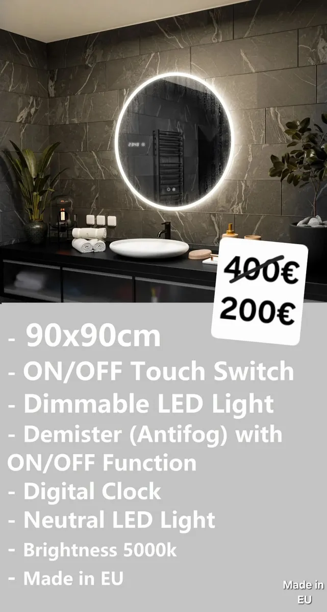 LED Bathroom Mirror Antifog Clock 90x90cm Round - Image 2