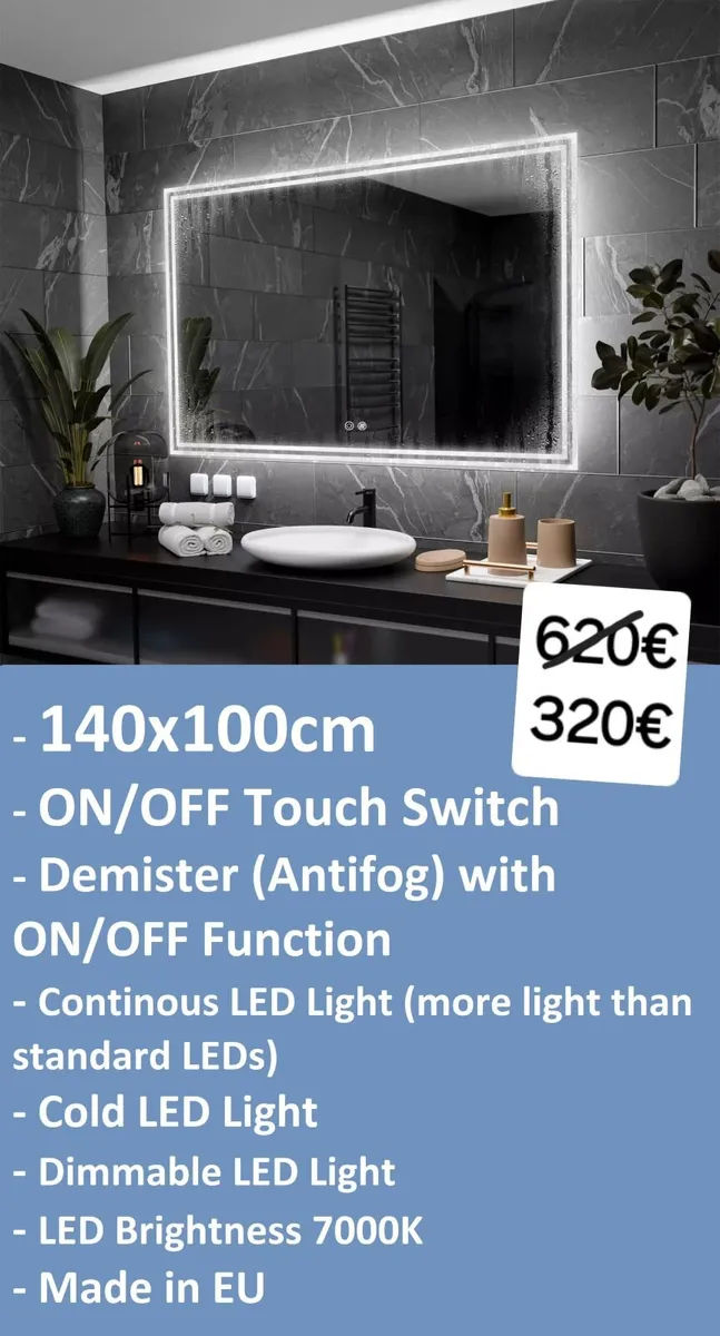 LED Bathroom Mirror Antifog Demister 140x100cm - Image 2