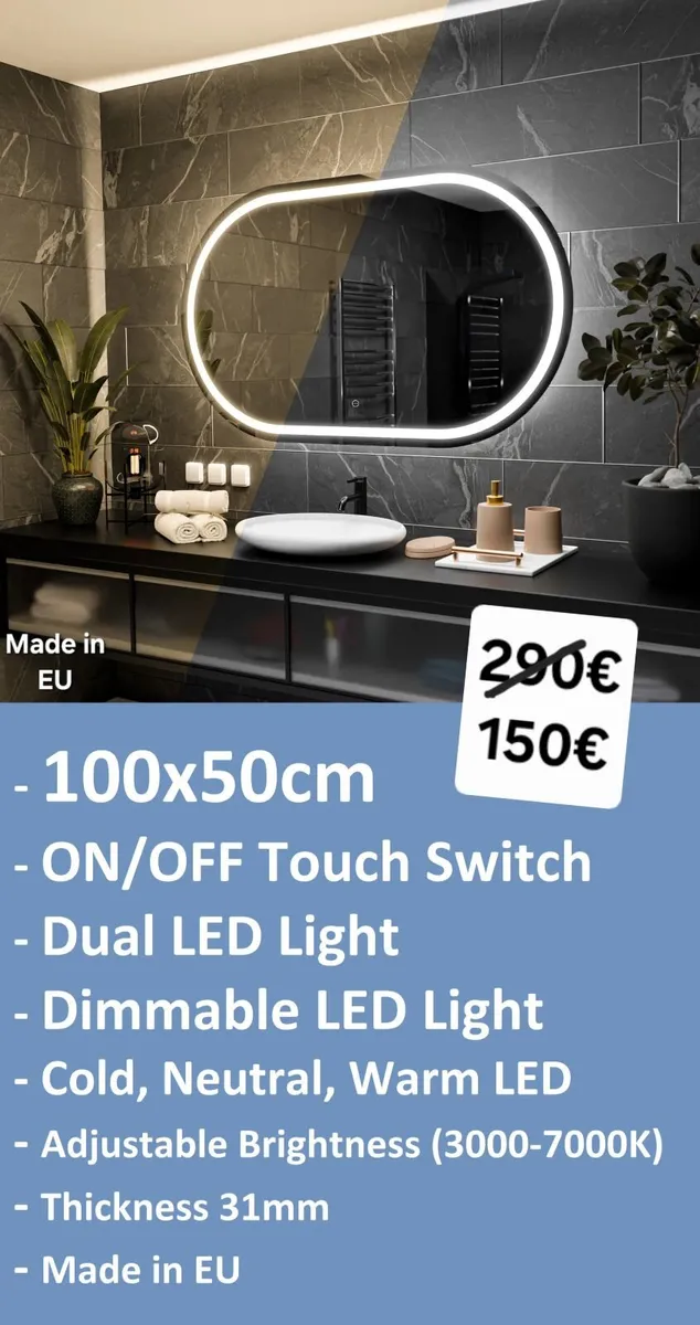 LED Bathroom Mirror Dual LED 100x50cm Made in EU - Image 2