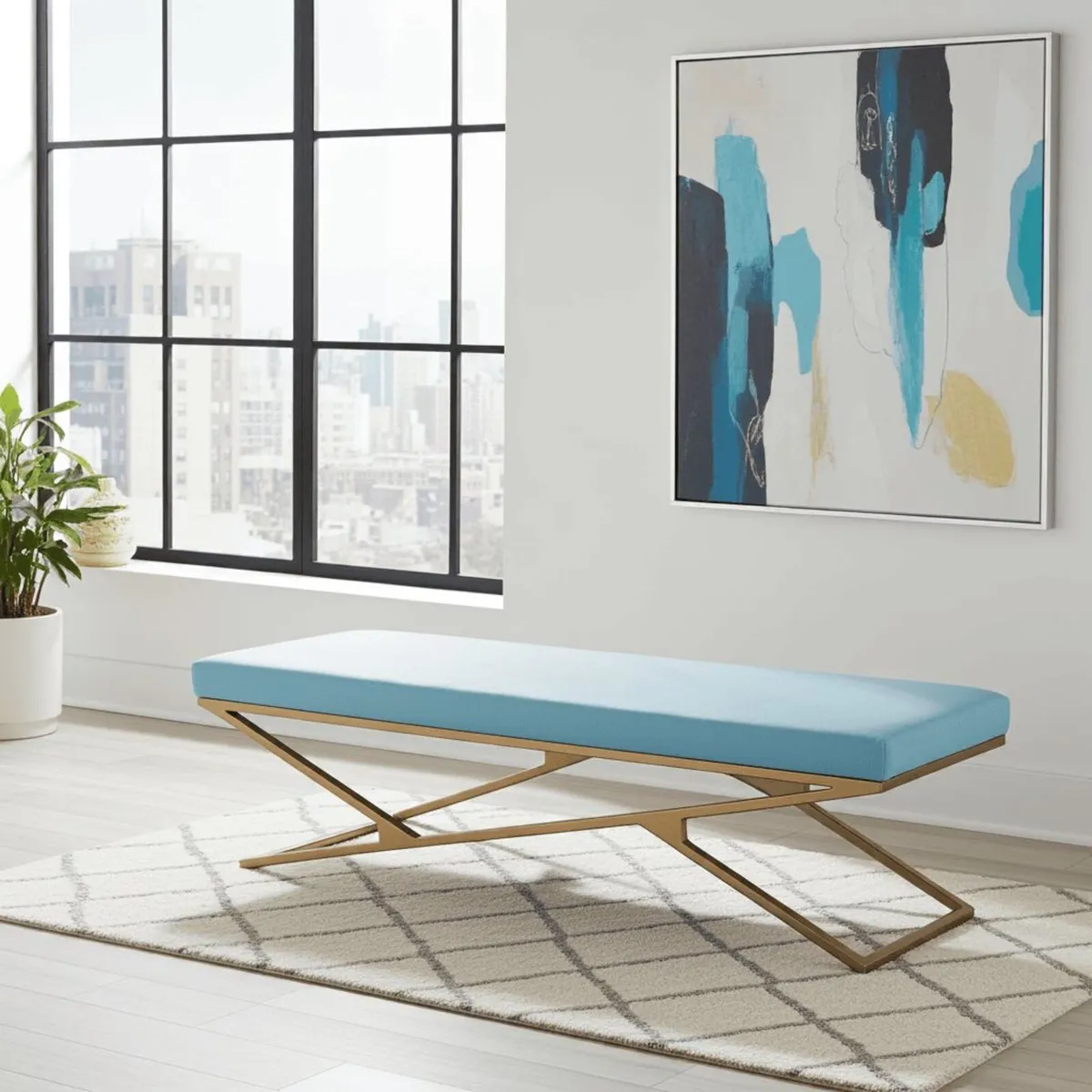 Luxury Eco Leather Bench Gold Powder-Coated Metal - Image 4