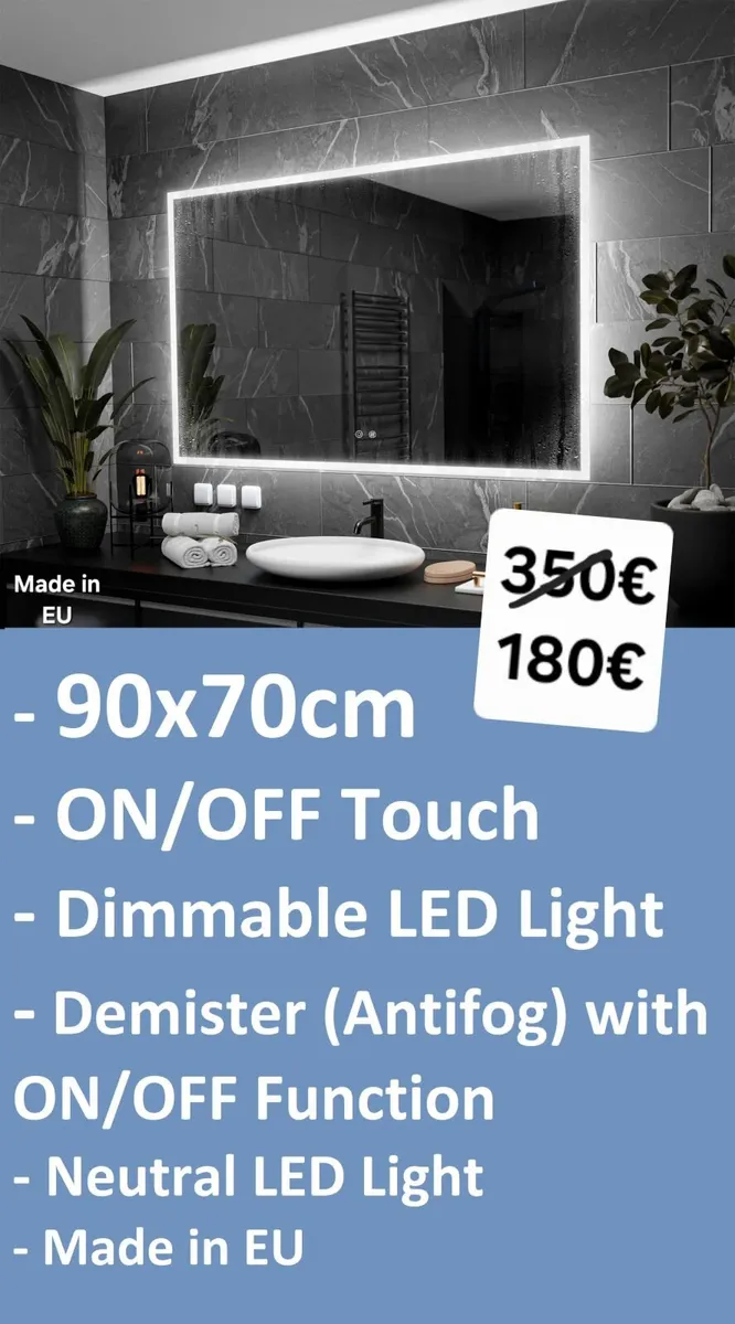 LED Bathroom Mirror Made in EU Demister Antifog - Image 2