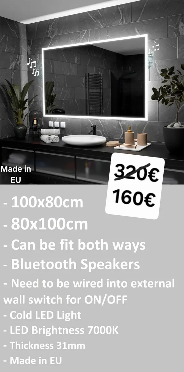 LED Bathroom Mirror Bluetooth 100x80cm Made in EU - Image 2