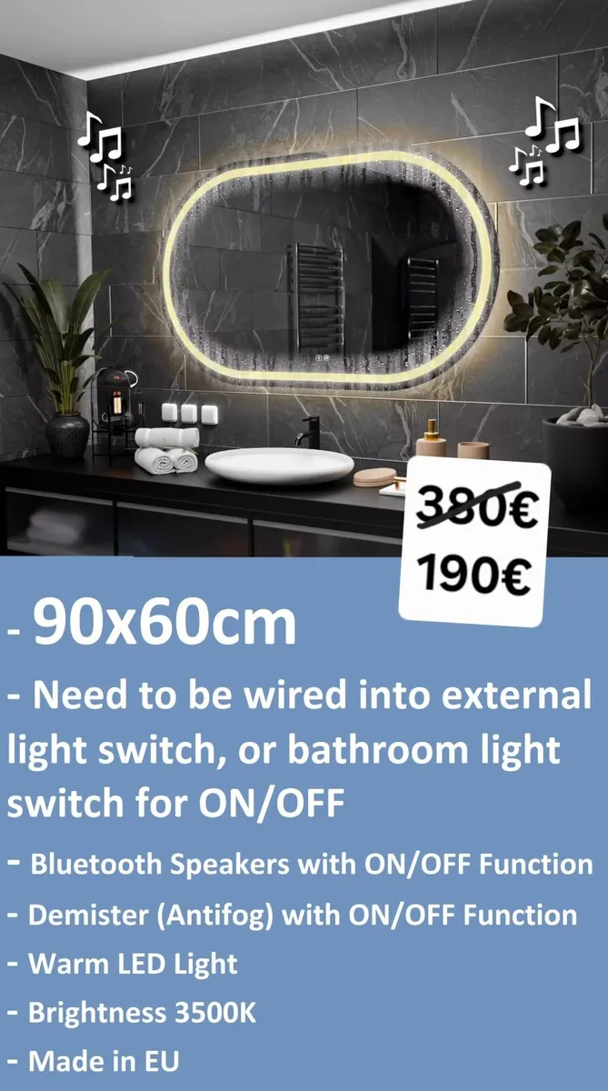 LED Bathroom Mirror Defogger Speakers Made in EU - Image 1