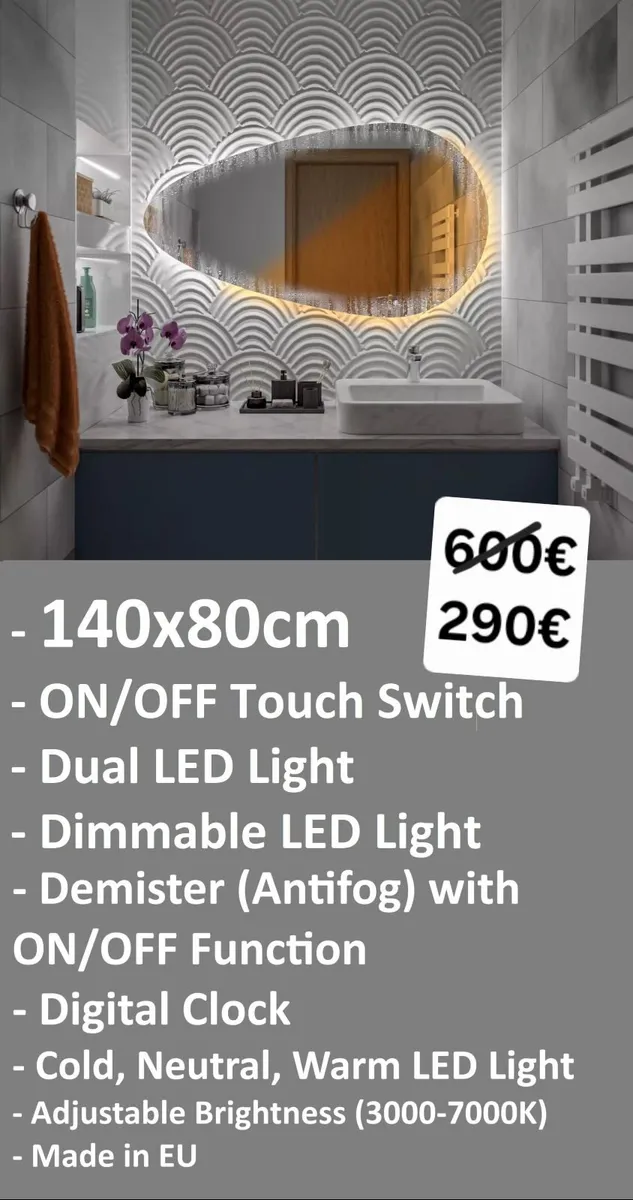 LED Bathroom Mirror 140x80cm Antifog Made in EU - Image 1