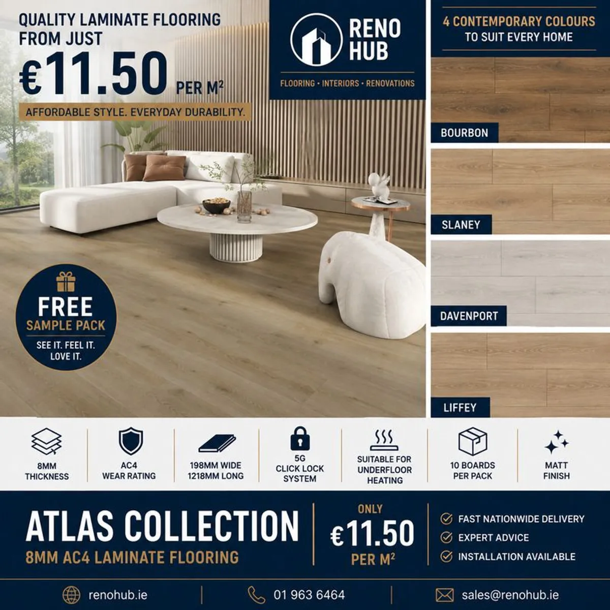 Atlas 8mm AC4 Laminate Flooring | 11.50 Sqm | 4 Colours | - Image 1