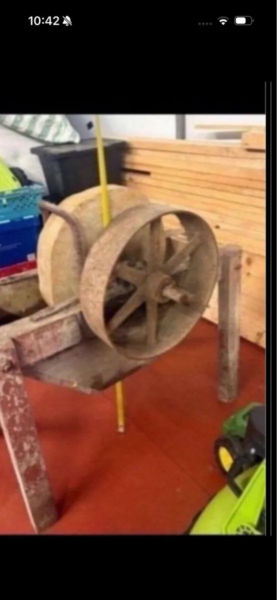 19 century stone wheel with stand and pully belt - Image 1