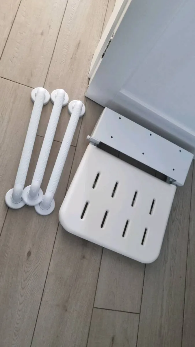 White Shower Seat and Grab Bars - Image 1