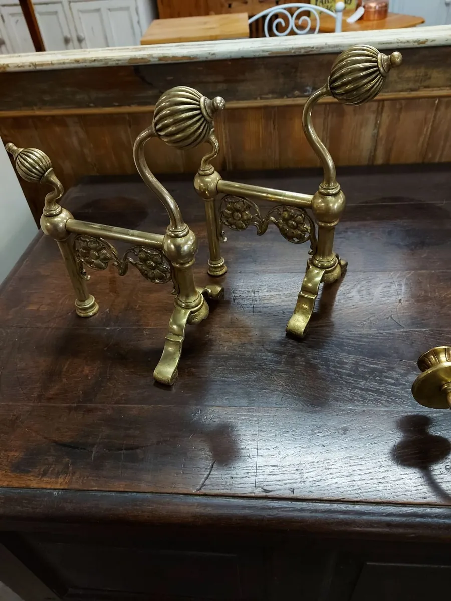 Pair 19th centuryarts and crafts brass fire doggs - Image 1