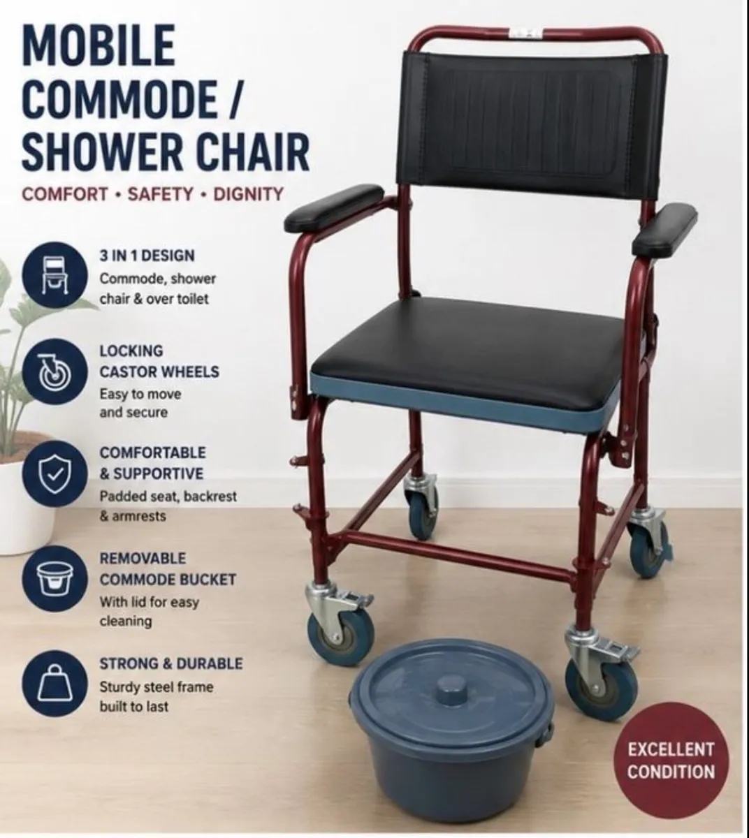 Mobile Commode - Shower Chair with Wheels - Image 1