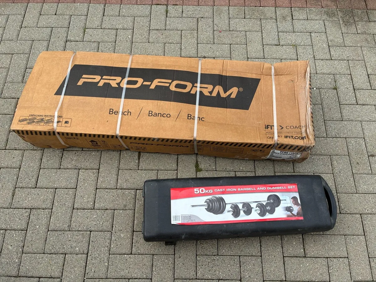 50kg Cast Iron Weight set + bench in box - Image 1