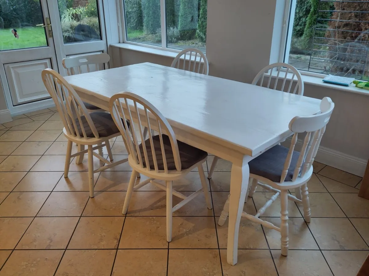 White Farmhouse Dining Table & 6 Cushioned Chairs - Image 1