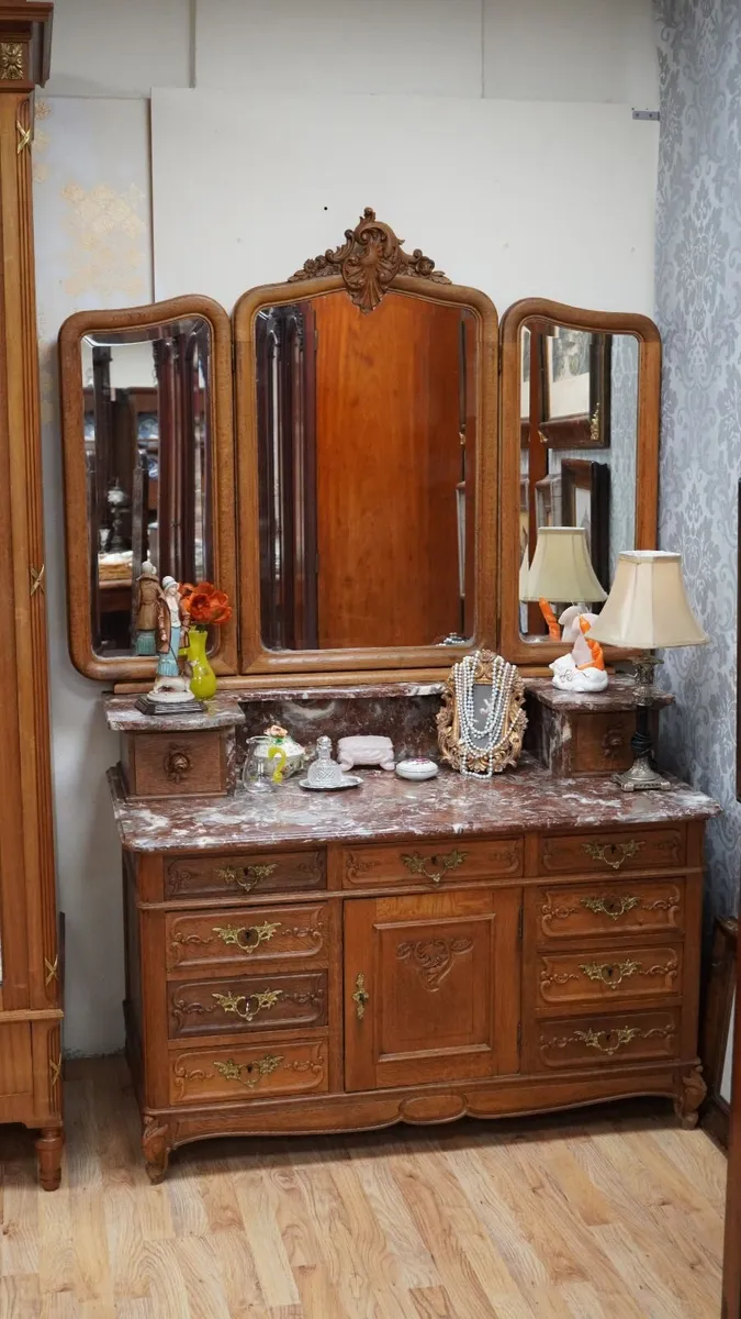 Antique French Oak Dressing Table with Marble Top - Image 1