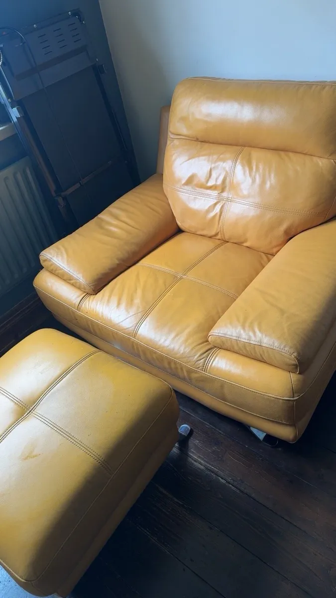 Mustard leather armchair and matching footstool - Image 2