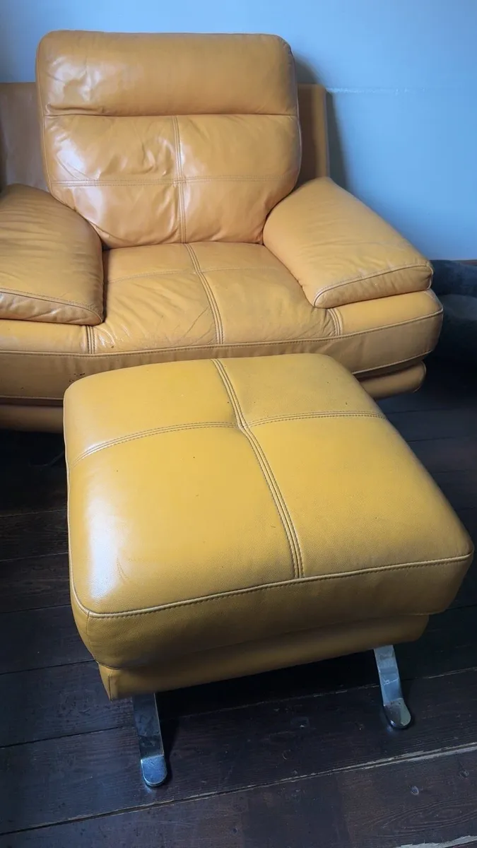 Mustard leather armchair and matching footstool - Image 3