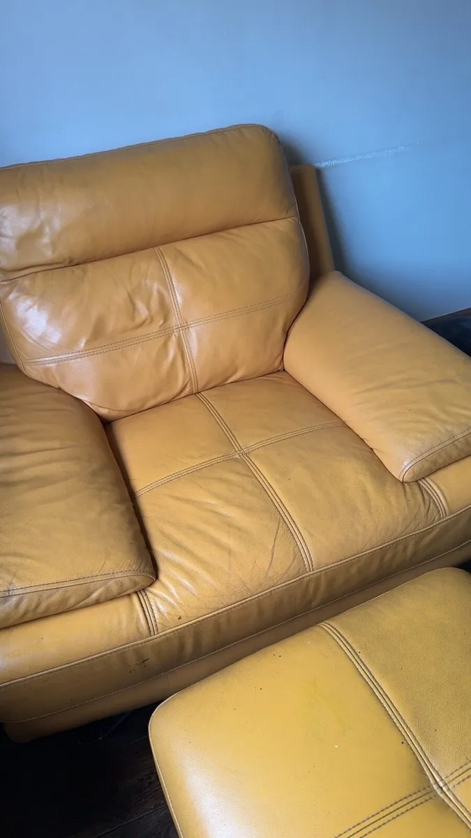 Mustard leather armchair and matching footstool - Image 4