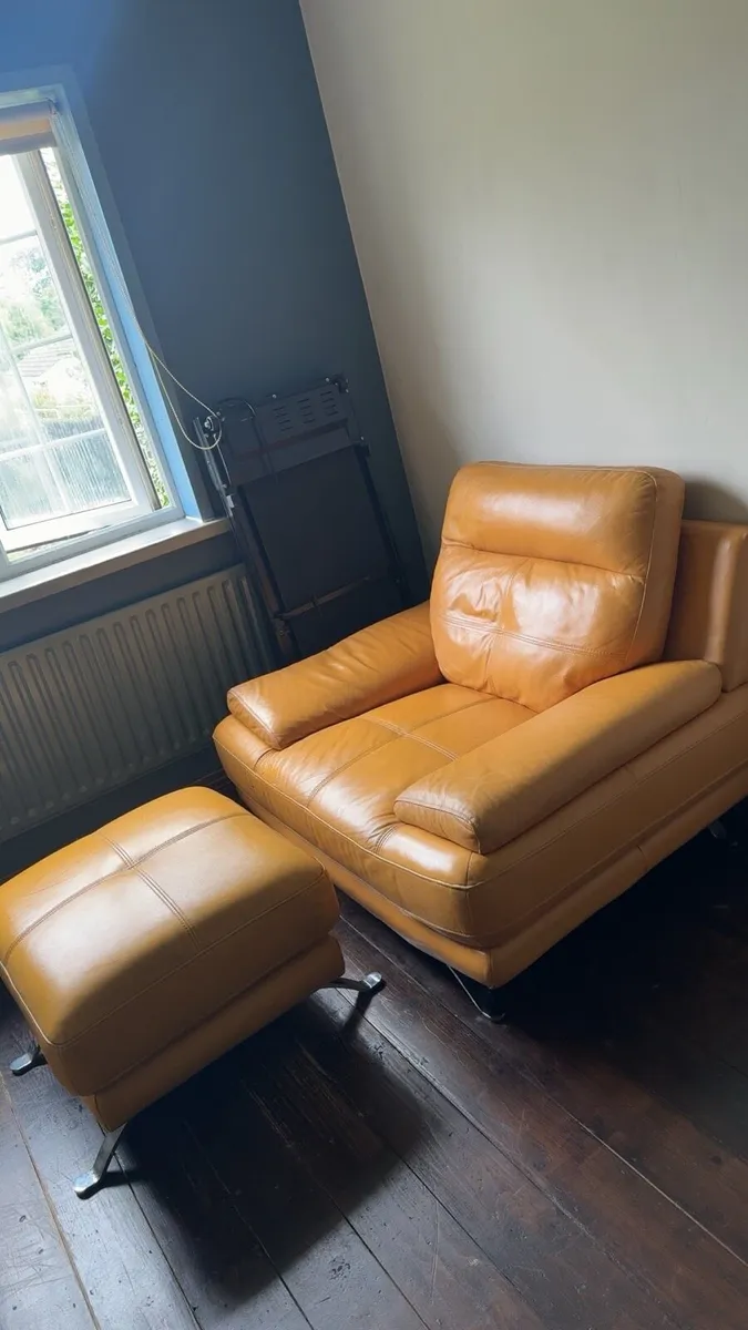 Mustard leather armchair and matching footstool - Image 1