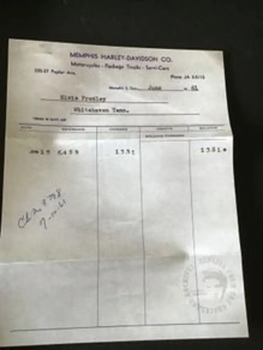 Elvis Memorabilia- Invoice from Harley Davidson
