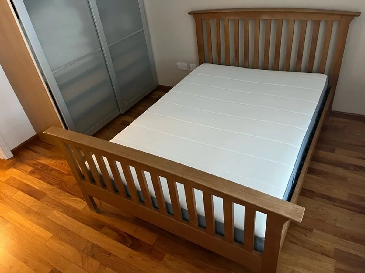 Solid Oak Double Bed + New Mattress - Image 1