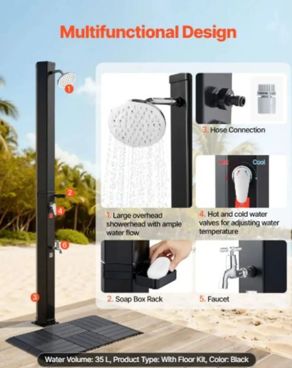 35L Solar Heated Shower, 195cm Showerhead Height - Image 2
