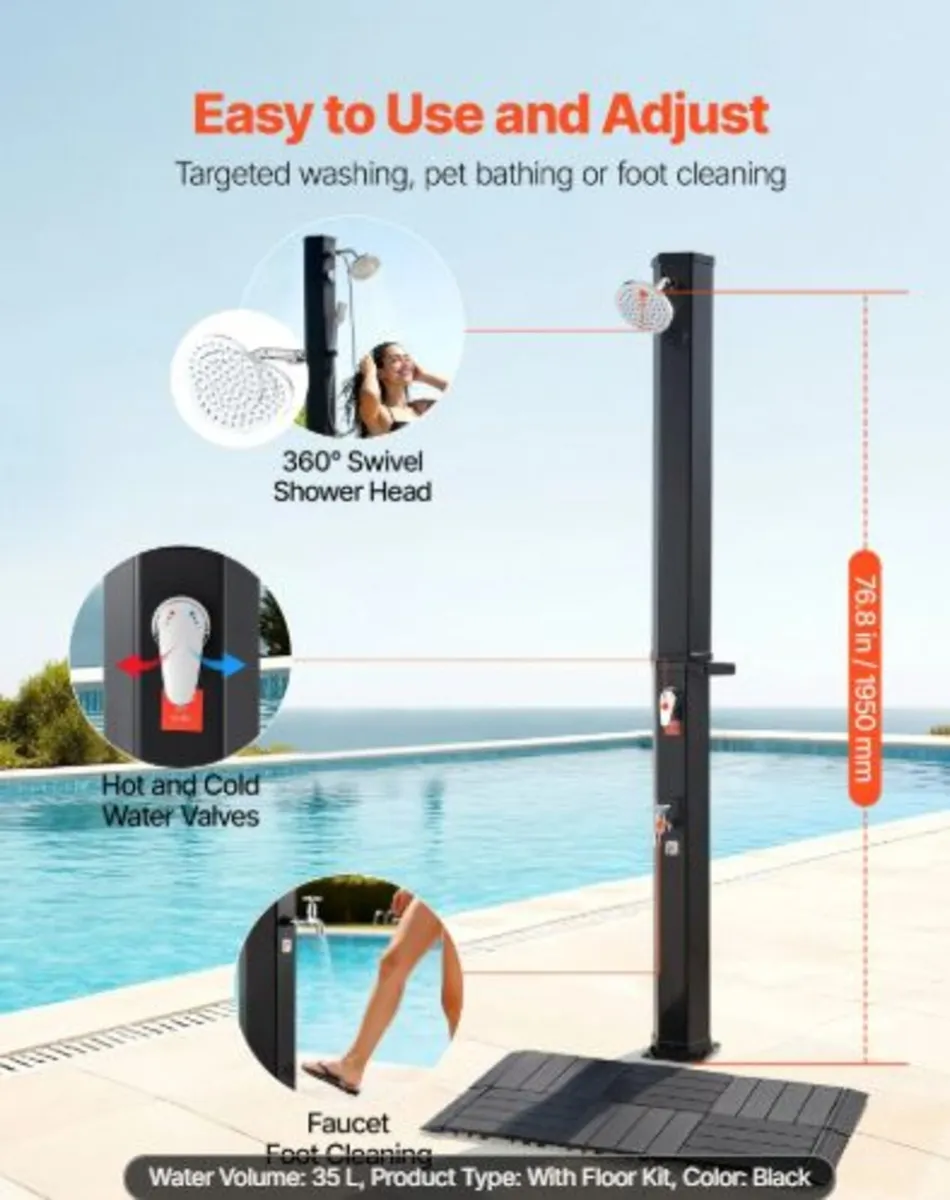 35L Solar Heated Shower, 195cm Showerhead Height - Image 3