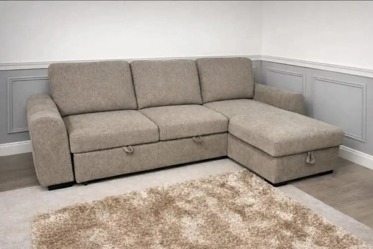 New Beige Mellisa Corner Chaise Sofa Bed - Image 1