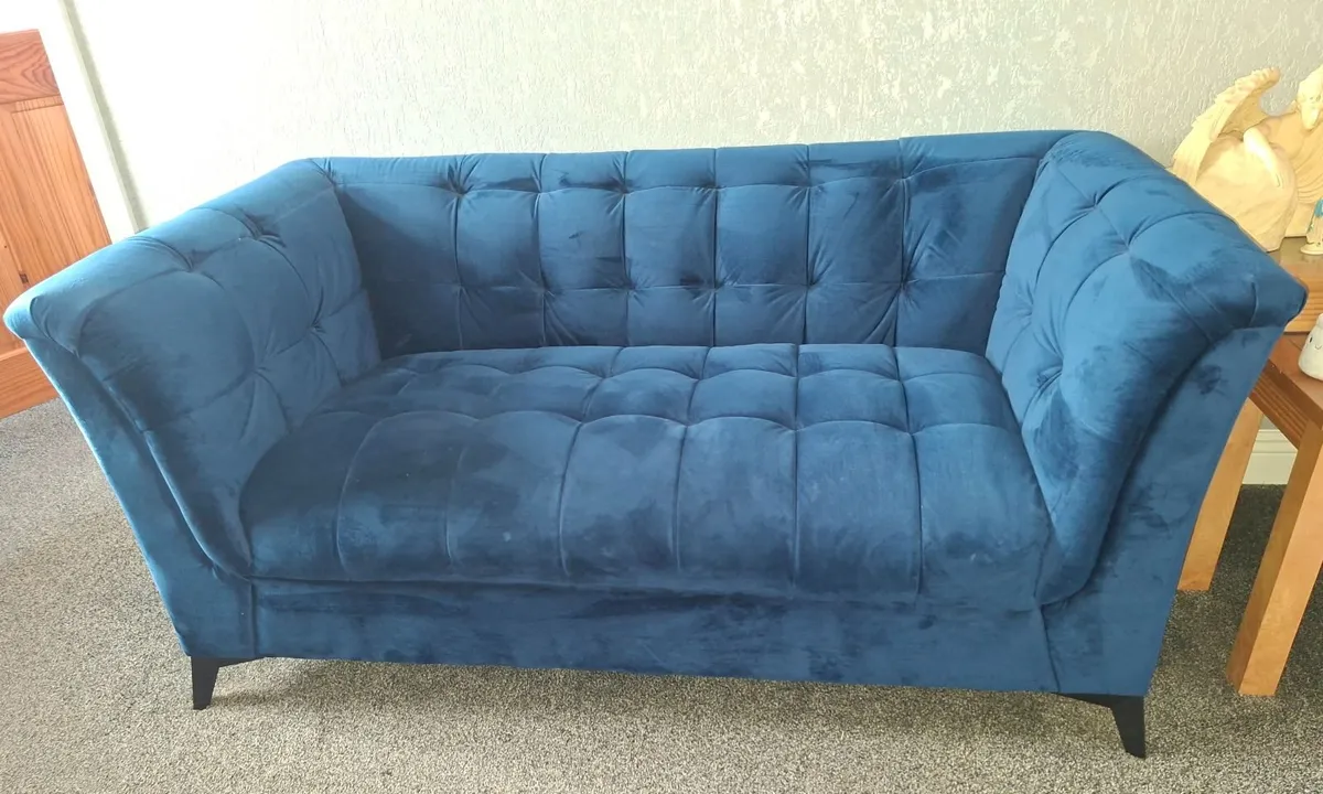 2 Seater Blue Velvet Sofa - Image 2