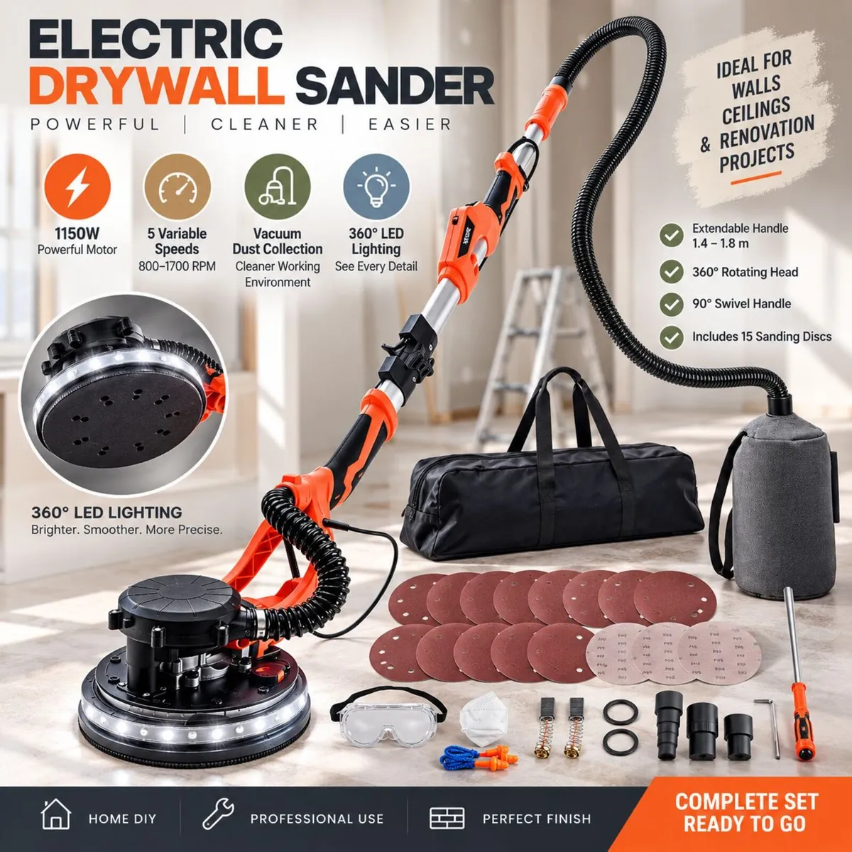 1150W Drywall Sander with Vacuum Dust Collection, - Image 1