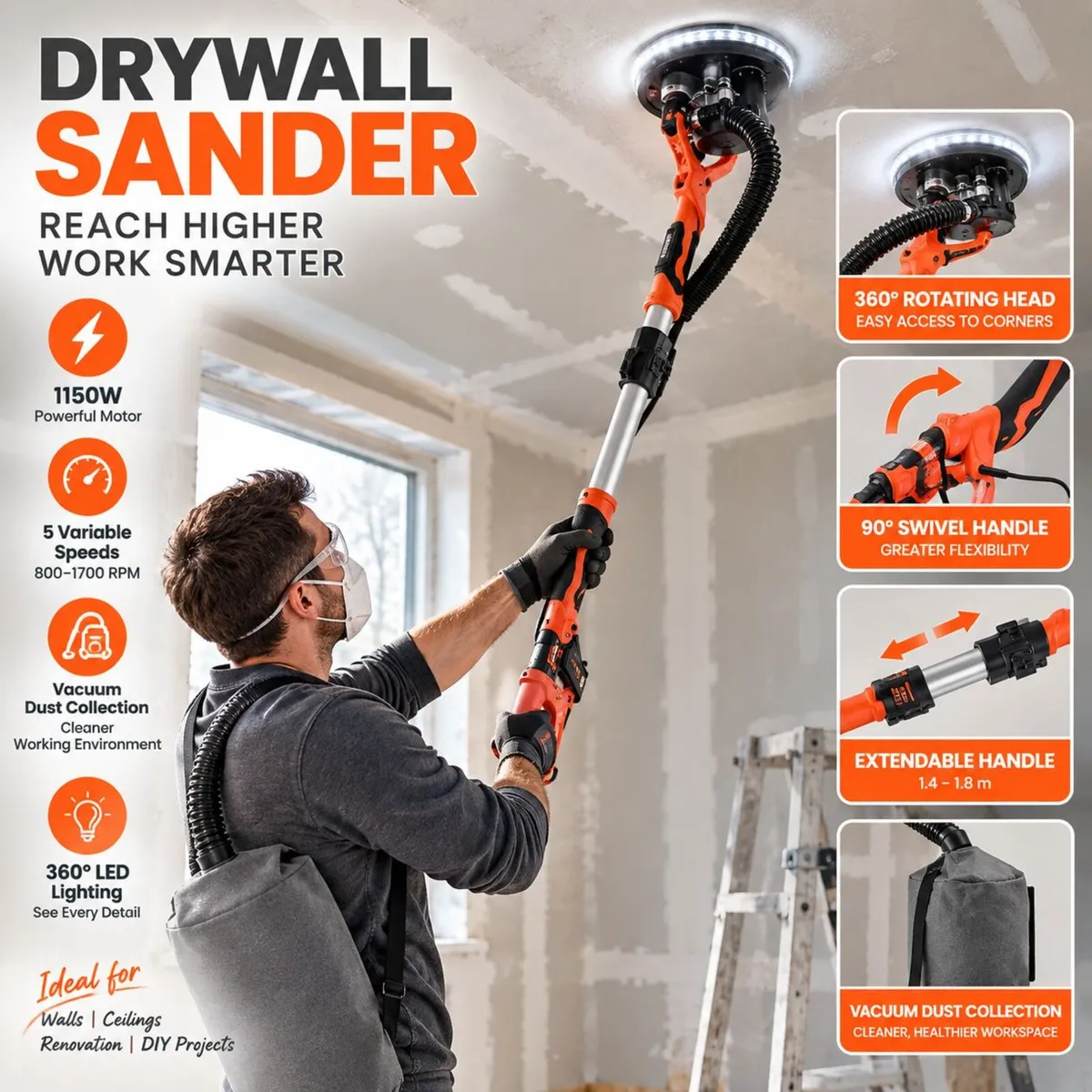 1150W Drywall Sander with Vacuum Dust Collection, - Image 2