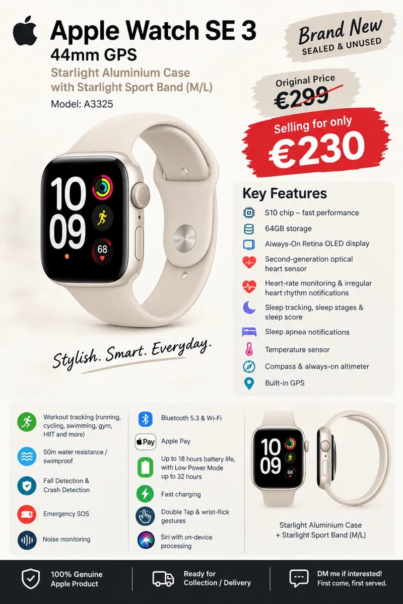 Apple Watch SE 3 – 44mm GPS | Starlight | Brand Ne - Image 1