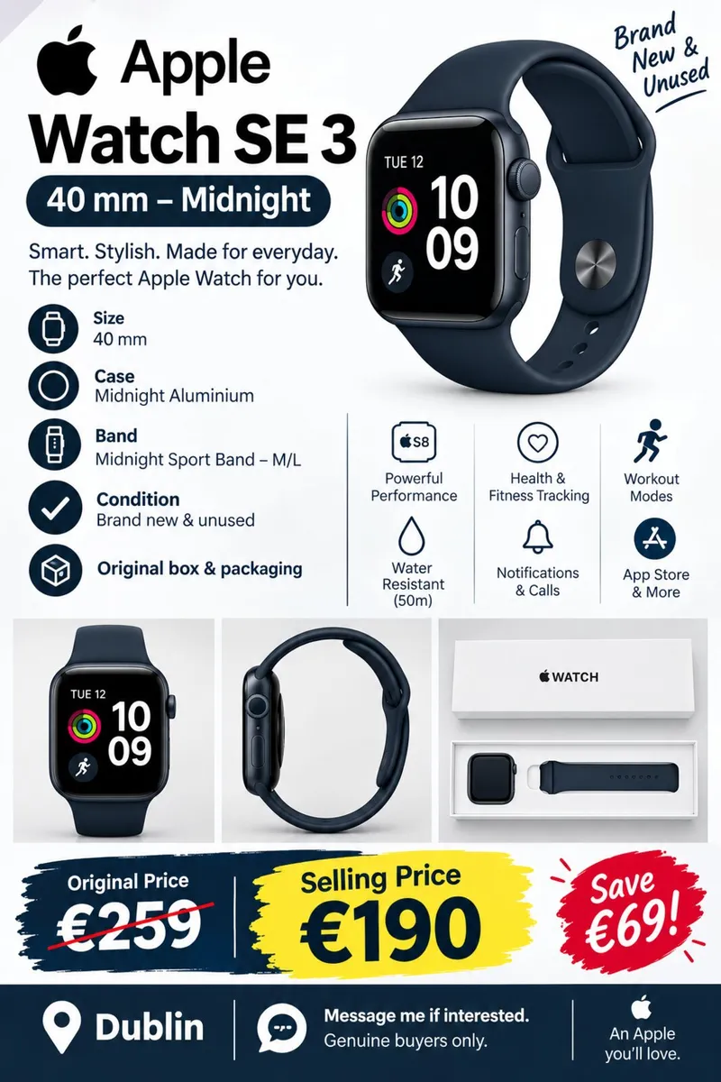 Apple Watch SE 3 – 40mm Midnight | Brand New - Image 1