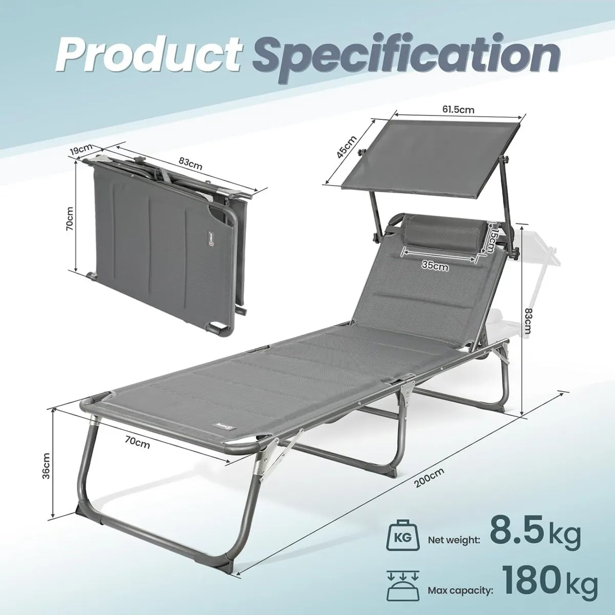 Xxl Aluminium Sun Lounger with Roof Three-Legged - Image 3