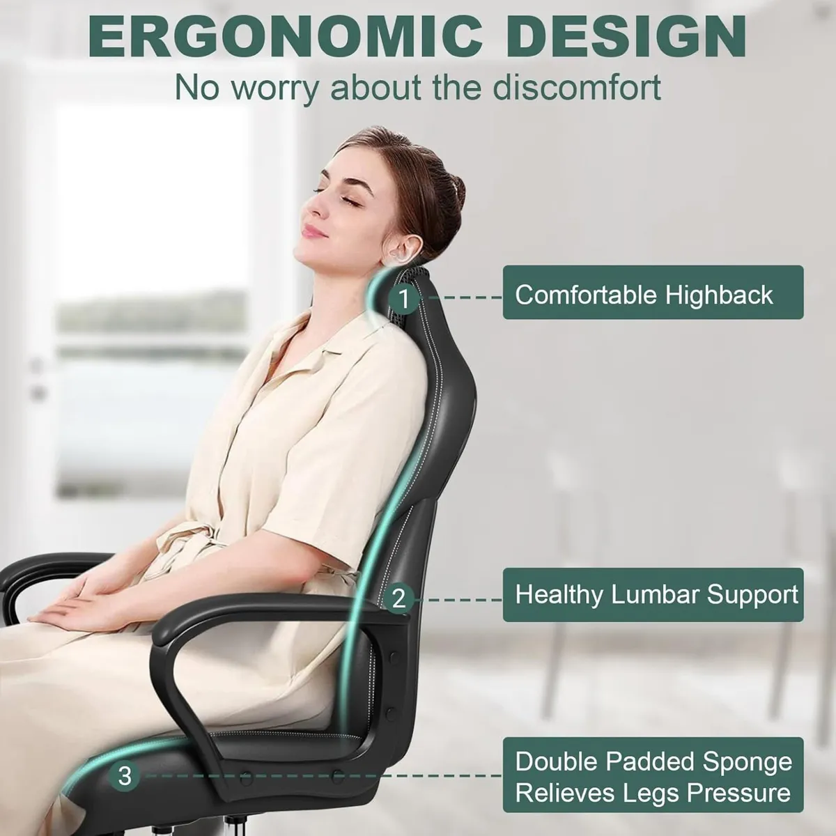 Office Chair PU Leather Ergonomic Computer Desk - Image 4