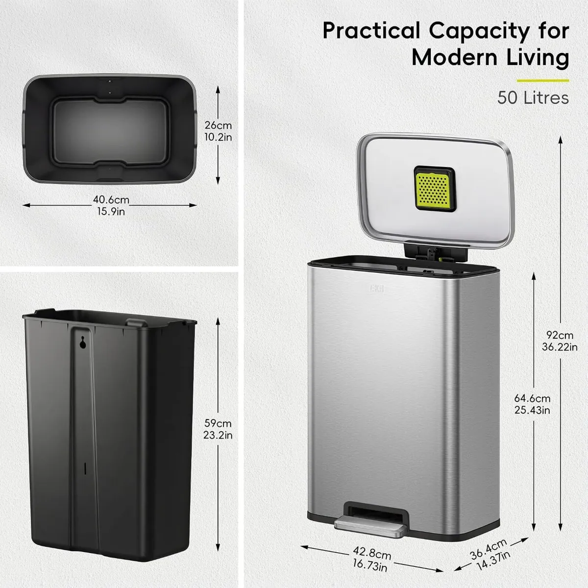 50L Kitchen Pedal Bin Soft Close Stay-Open Lid - Image 2