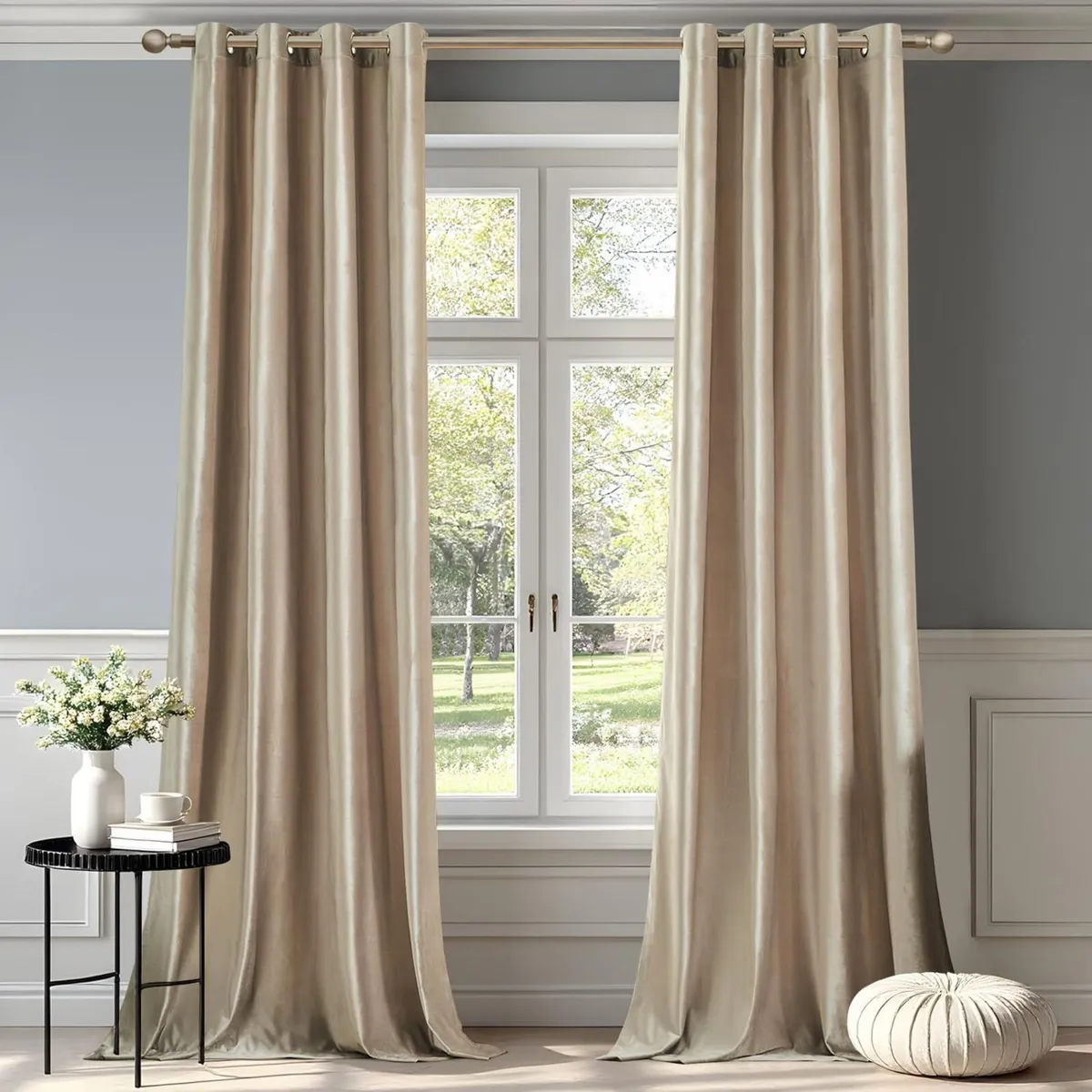 Champagne Velvet Curtains 108 Inch Length 2 Panels - Image 1