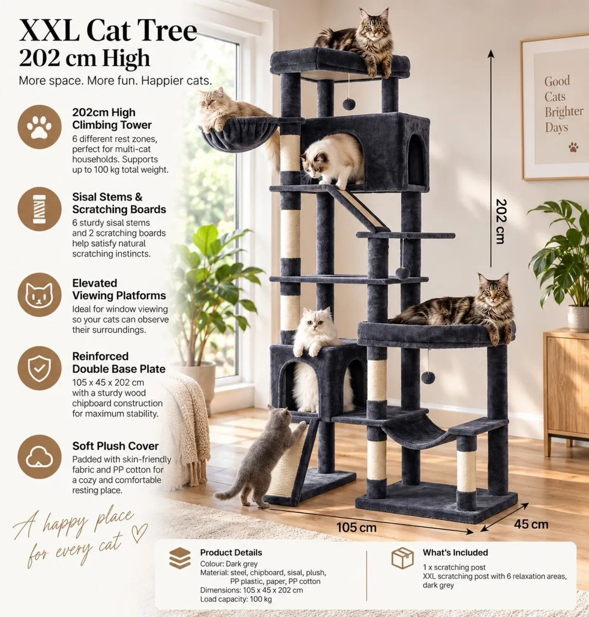 XXL Cat Tree 202cm Large Multi-Level Cat Climbing - Image 4