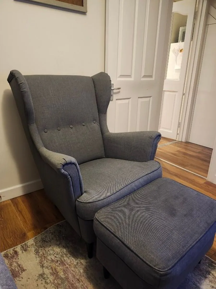 Modern Ikea Wingback Chair + Ottoman - Image 2