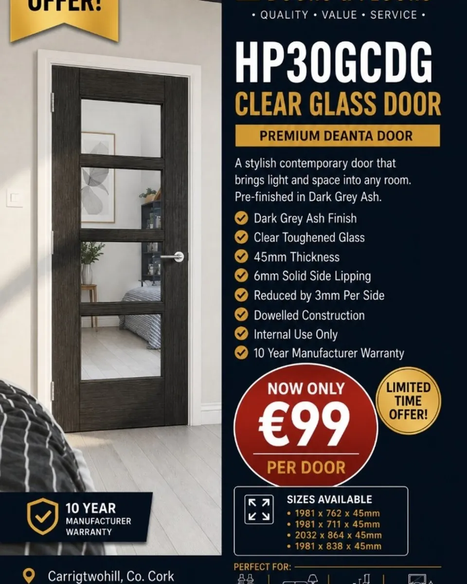 Deanta Dark Grey Ash Prefinished Glass Doors