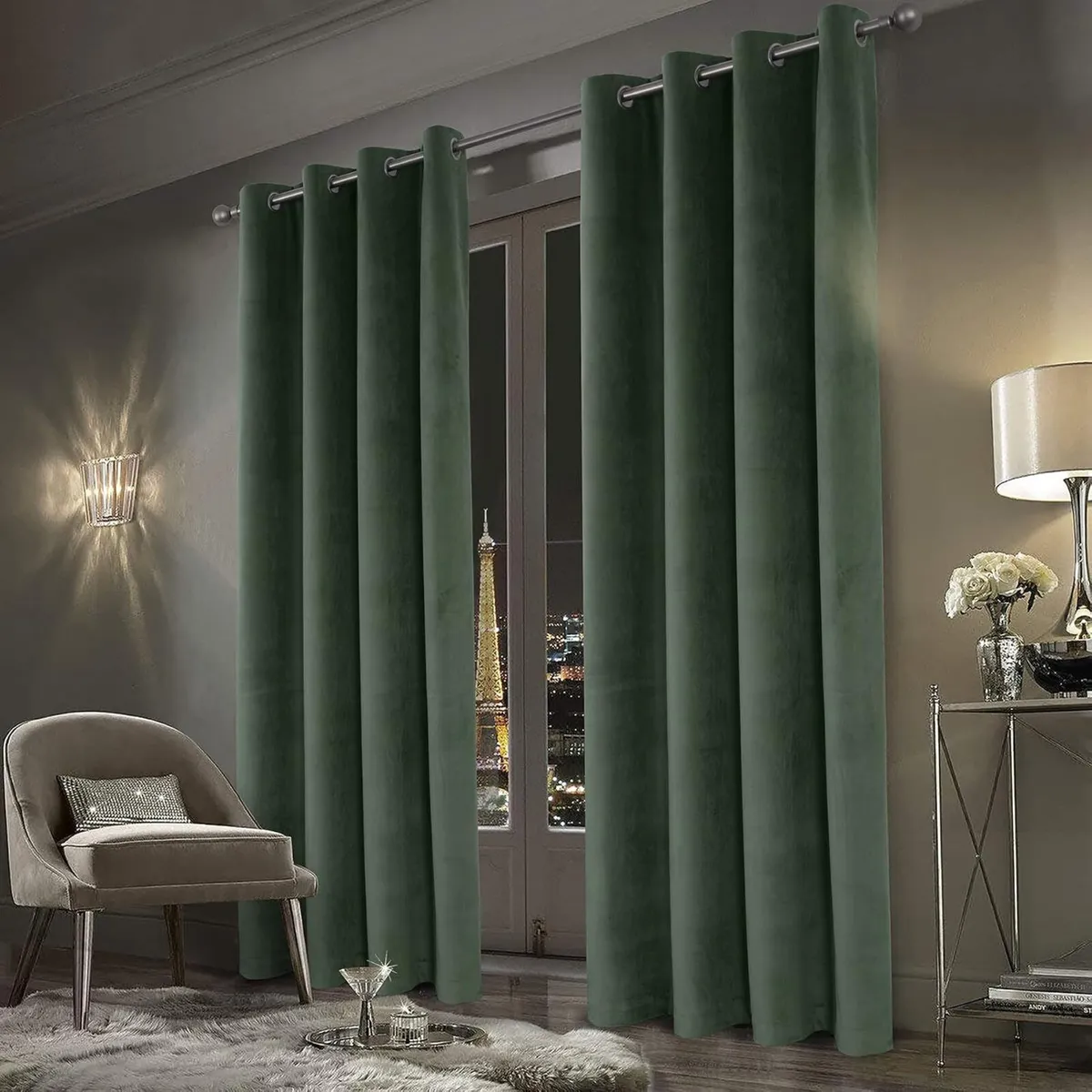 Super Soft Velvet Curtains Sage 100% Blackout - Image 1
