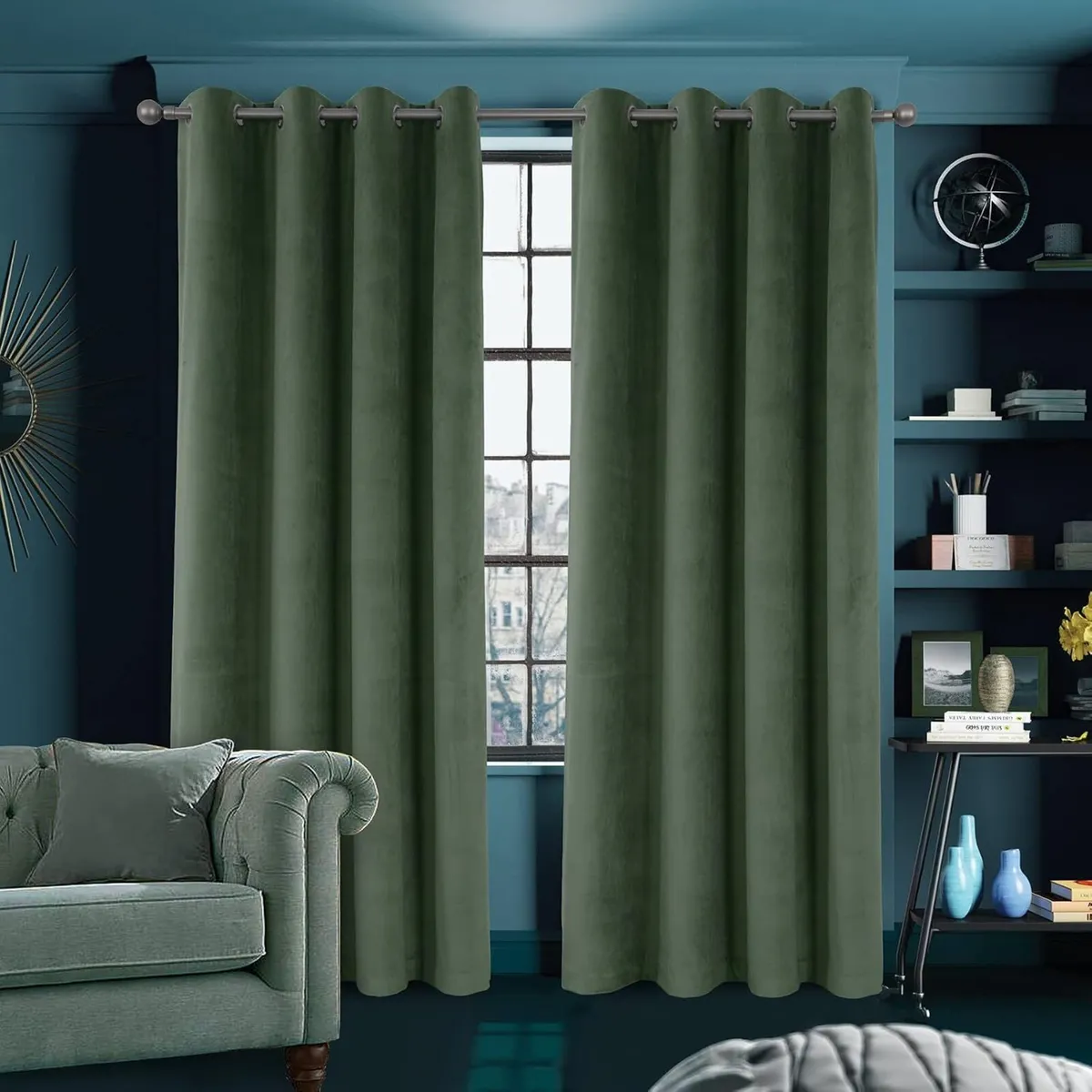 Super Soft Velvet Curtains Sage 100% Blackout - Image 2